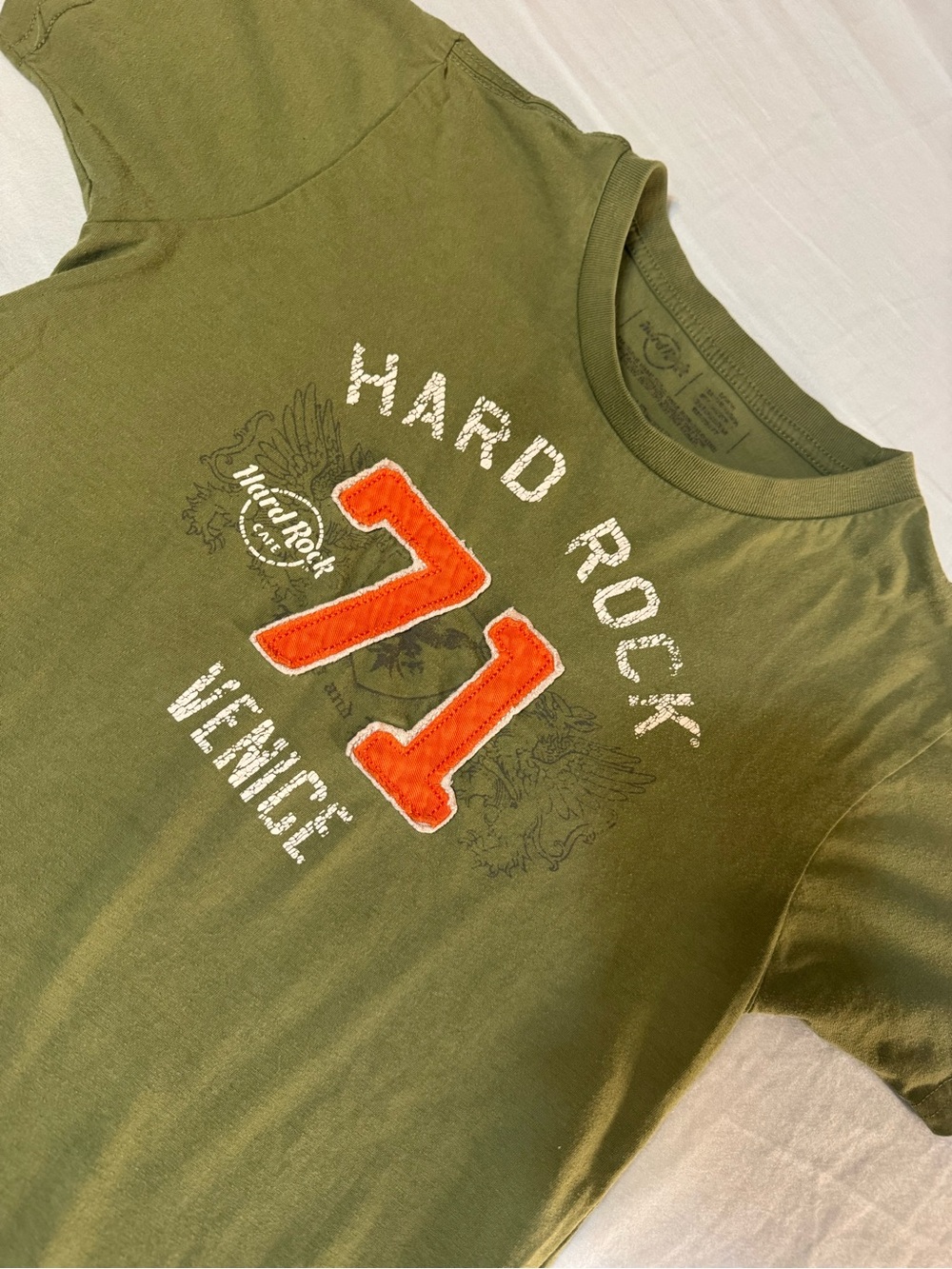 Hard Rock Cafe Olive Green Kids Tee with Orange '71' Patch